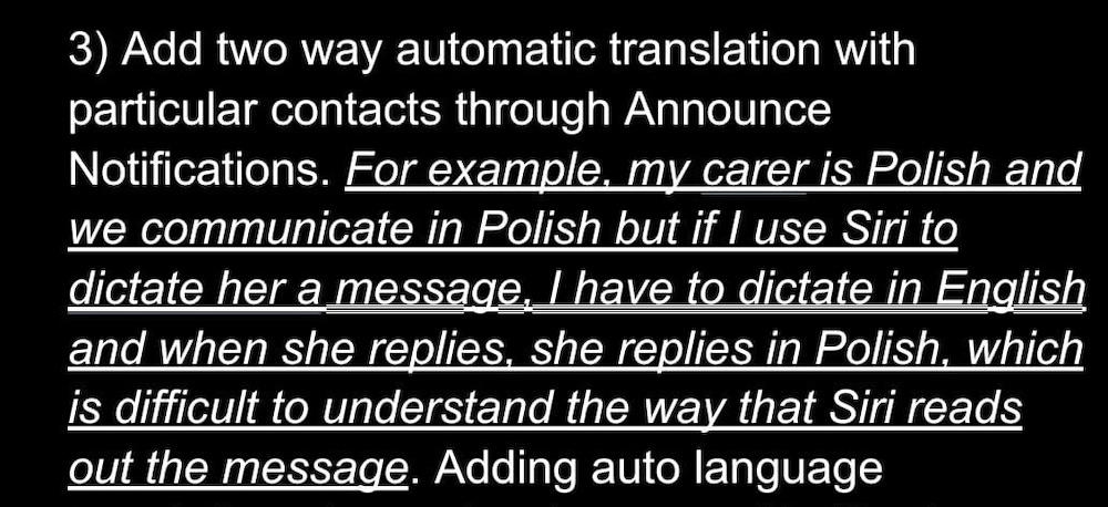 Email to Apple last August 2023 highlighting the issue of communicating via iMessage in a language other than English. IOS 17.4 add languages to Siri and messages