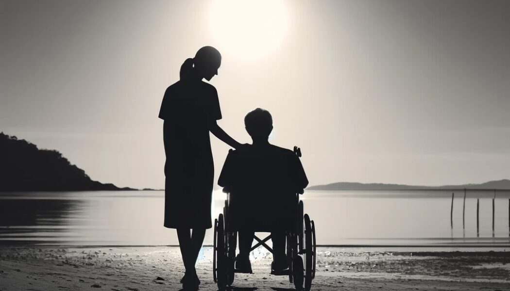 Social care carer and person in wheelchair looking out to sea