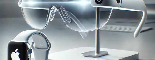 Futuristic Apple smart glasses with AR display alongside an Apple Watch and iPhone on a sleek white desk, showcasing innovative wearable technology.