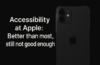 A digital graphic featuring an Apple iPhone and a statement about Apple accessibility 2025 on a black background.