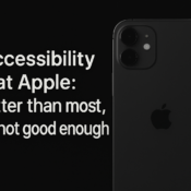 A digital graphic featuring an Apple iPhone and a statement about Apple accessibility 2025 on a black background.