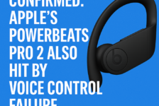Graphic showing Apple’s Powerbeats Pro 2 earbud with headline text: “Confirmed: Apple’s Powerbeats Pro 2 also hit by voice control failure,” on a blue background.