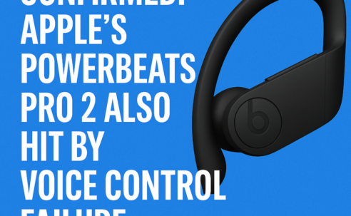 Graphic showing Apple’s Powerbeats Pro 2 earbud with headline text: “Confirmed: Apple’s Powerbeats Pro 2 also hit by voice control failure,” on a blue background.