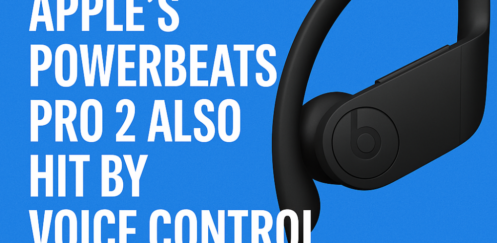 Graphic showing Apple’s Powerbeats Pro 2 earbud with headline text: “Confirmed: Apple’s Powerbeats Pro 2 also hit by voice control failure,” on a blue background.
