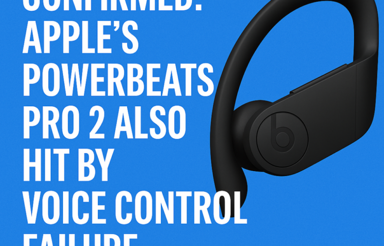 Graphic showing Apple’s Powerbeats Pro 2 earbud with headline text: “Confirmed: Apple’s Powerbeats Pro 2 also hit by voice control failure,” on a blue background.
