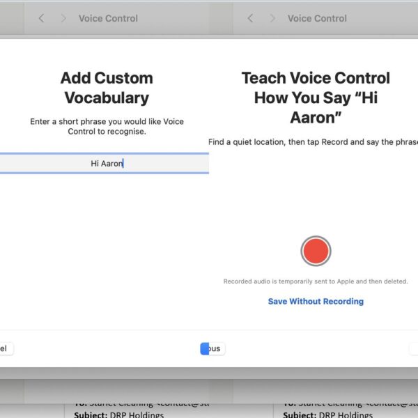 Side-by-side screenshots showing Apple Voice Control in macOS Sequoia adding and recording custom vocabulary, including phrase input and pronunciation recording interface.