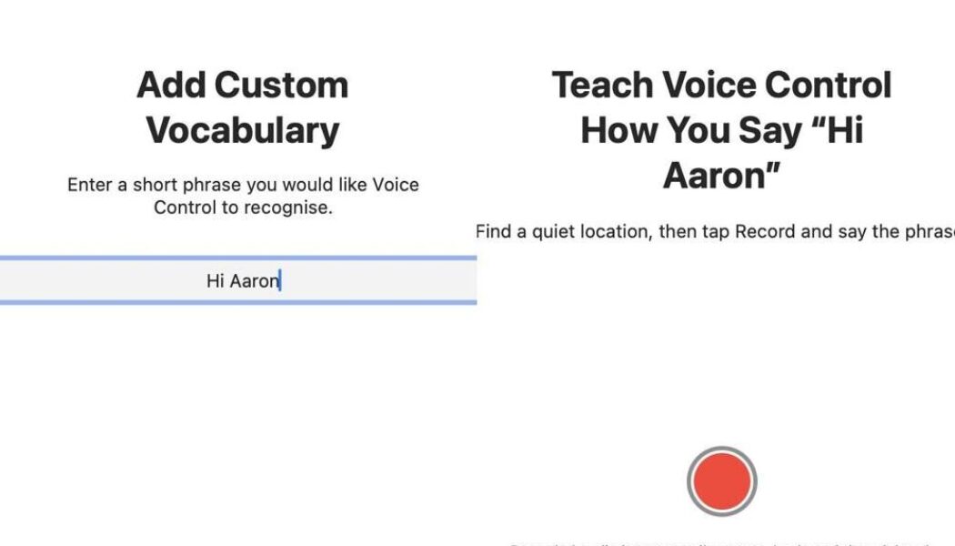 Side-by-side screenshots showing Apple Voice Control in macOS Sequoia adding and recording custom vocabulary, including phrase input and pronunciation recording interface.