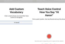 Side-by-side screenshots showing Apple Voice Control in macOS Sequoia adding and recording custom vocabulary, including phrase input and pronunciation recording interface.