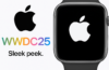 Close-up digital render of an Apple Watch with a dark strap and silver casing, set against a white background with colourful “WWDC25” text to the left.