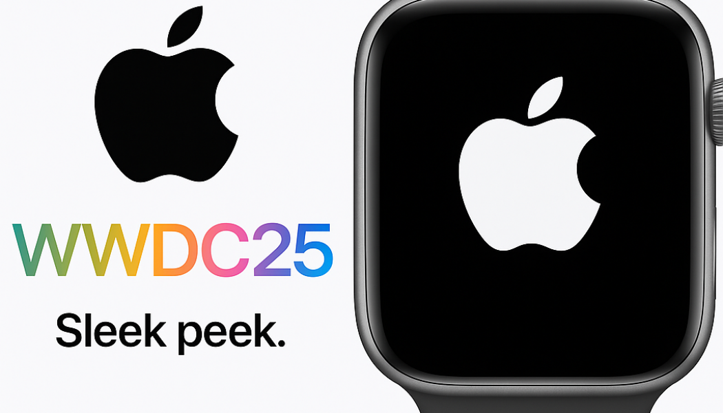 Close-up digital render of an Apple Watch with a dark strap and silver casing, set against a white background with colourful “WWDC25” text to the left.