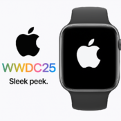 Close-up digital render of an Apple Watch with a dark strap and silver casing, set against a white background with colourful “WWDC25” text to the left.