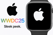Close-up digital render of an Apple Watch with a dark strap and silver casing, set against a white background with colourful “WWDC25” text to the left.