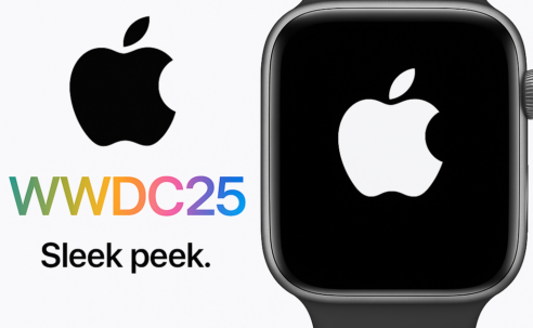 Close-up digital render of an Apple Watch with a dark strap and silver casing, set against a white background with colourful “WWDC25” text to the left.