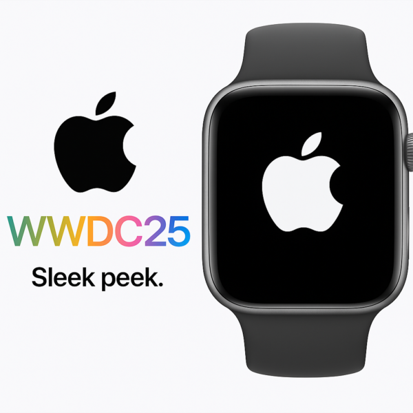 Close-up digital render of an Apple Watch with a dark strap and silver casing, set against a white background with colourful “WWDC25” text to the left.