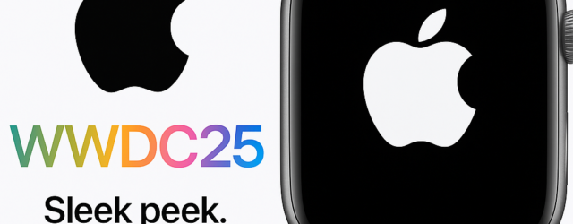 Close-up digital render of an Apple Watch with a dark strap and silver casing, set against a white background with colourful “WWDC25” text to the left.