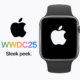 Close-up digital render of an Apple Watch with a dark strap and silver casing, set against a white background with colourful “WWDC25” text to the left.