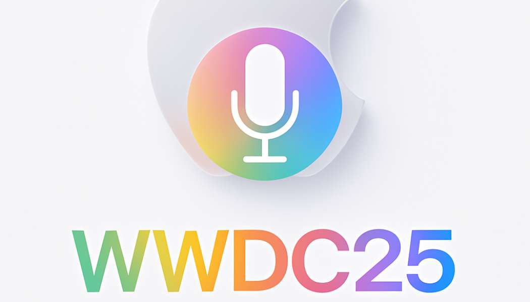 Promotional graphic for WWDC 2025 featuring a translucent Apple logo above a large microphone icon. Below, colourful text reads “WWDC25 Sleek peek” with no punctuation.