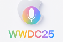 Promotional graphic for WWDC 2025 featuring a translucent Apple logo above a large microphone icon. Below, colourful text reads “WWDC25 Sleek peek” with no punctuation.
