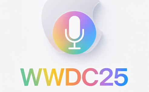 Promotional graphic for WWDC 2025 featuring a translucent Apple logo above a large microphone icon. Below, colourful text reads “WWDC25 Sleek peek” with no punctuation.