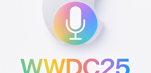Promotional graphic for WWDC 2025 featuring a translucent Apple logo above a large microphone icon. Below, colourful text reads “WWDC25 Sleek peek” with no punctuation.