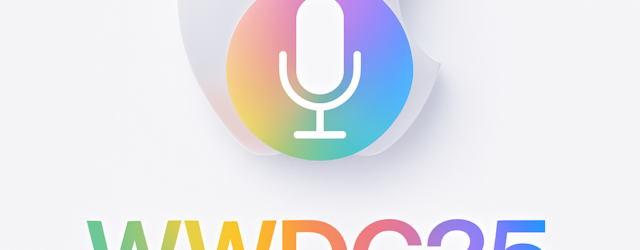 Promotional graphic for WWDC 2025 featuring a translucent Apple logo above a large microphone icon. Below, colourful text reads “WWDC25 Sleek peek” with no punctuation.