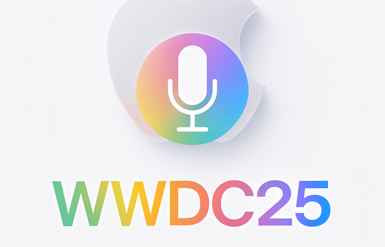 Promotional graphic for WWDC 2025 featuring a translucent Apple logo above a large microphone icon. Below, colourful text reads “WWDC25 Sleek peek” with no punctuation.