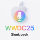 Promotional graphic for WWDC 2025 featuring a translucent Apple logo above a large microphone icon. Below, colourful text reads “WWDC25 Sleek peek” with no punctuation.