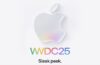 Official Apple promotional image for WWDC 2025, featuring a glossy white Apple logo with a subtle rainbow sheen. Below it, the text “WWDC25” appears in rainbow gradient letters, accompanied by the tagline “Sleek peek.” on a white background.