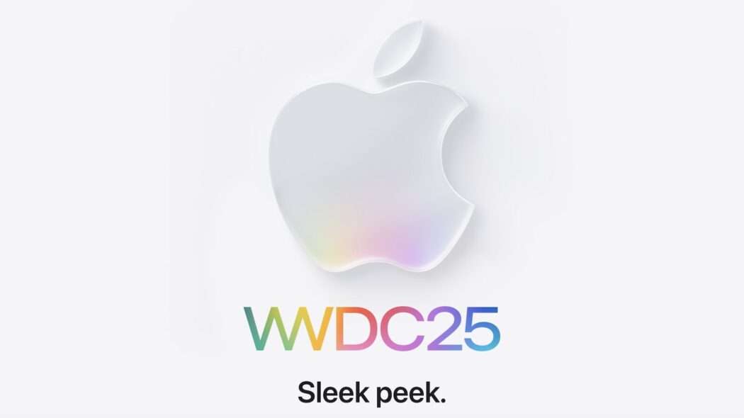 Official Apple promotional image for WWDC 2025, featuring a glossy white Apple logo with a subtle rainbow sheen. Below it, the text “WWDC25” appears in rainbow gradient letters, accompanied by the tagline “Sleek peek.” on a white background.