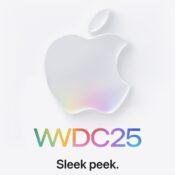 Official Apple promotional image for WWDC 2025, featuring a glossy white Apple logo with a subtle rainbow sheen. Below it, the text “WWDC25” appears in rainbow gradient letters, accompanied by the tagline “Sleek peek.” on a white background.
