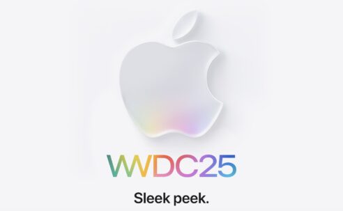 Official Apple promotional image for WWDC 2025, featuring a glossy white Apple logo with a subtle rainbow sheen. Below it, the text “WWDC25” appears in rainbow gradient letters, accompanied by the tagline “Sleek peek.” on a white background.