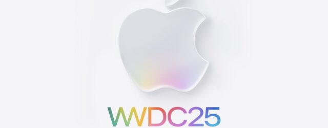 Official Apple promotional image for WWDC 2025, featuring a glossy white Apple logo with a subtle rainbow sheen. Below it, the text “WWDC25” appears in rainbow gradient letters, accompanied by the tagline “Sleek peek.” on a white background.