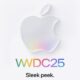 Official Apple promotional image for WWDC 2025, featuring a glossy white Apple logo with a subtle rainbow sheen. Below it, the text “WWDC25” appears in rainbow gradient letters, accompanied by the tagline “Sleek peek.” on a white background.