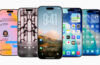 Five iPhones side-by-side showing the iOS 26 liquid glass redesign