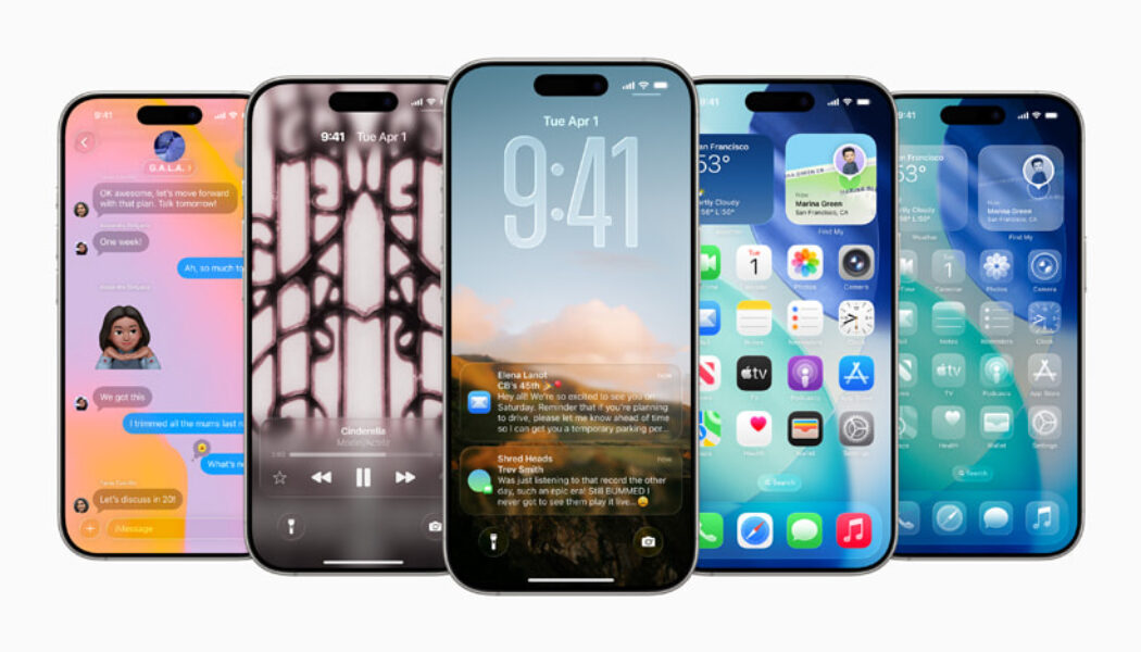 Five iPhones side-by-side showing the iOS 26 liquid glass redesign