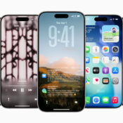 Five iPhones side-by-side showing the iOS 26 liquid glass redesign