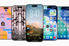 Five iPhones side-by-side showing the iOS 26 liquid glass redesign
