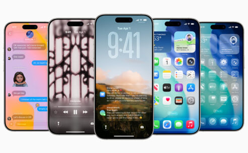 Five iPhones side-by-side showing the iOS 26 liquid glass redesign
