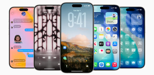 Five iPhones side-by-side showing the iOS 26 liquid glass redesign
