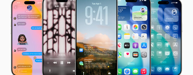 Five iPhones side-by-side showing the iOS 26 liquid glass redesign