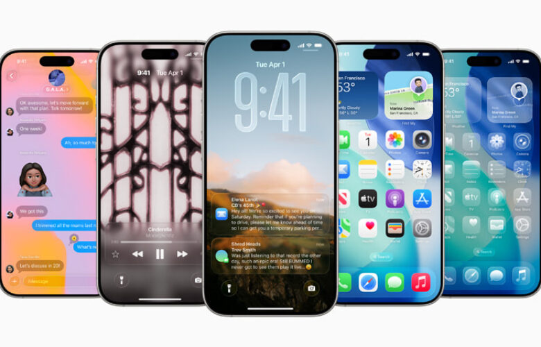 Five iPhones side-by-side showing the iOS 26 liquid glass redesign