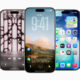 Five iPhones side-by-side showing the iOS 26 liquid glass redesign