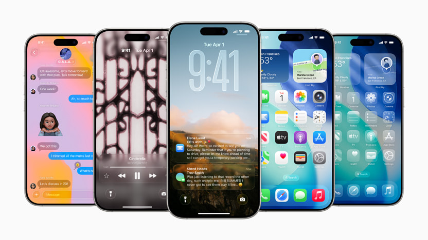 Five iPhones side-by-side showing the iOS 26 liquid glass redesign
