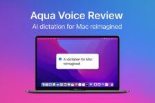 Aqua Voice Review featured image showing a MacBook with a floating text box for AI dictation, set against a clean Apple-style gradient background.