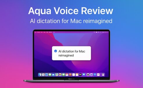 Aqua Voice Review featured image showing a MacBook with a floating text box for AI dictation, set against a clean Apple-style gradient background.