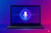 Illustration of a dark grey MacBook on a vibrant blue and purple gradient background, showing a glowing microphone icon with glitch effects on screen to represent Voice Control bugs.