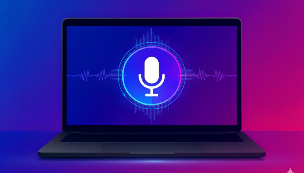 Illustration of a dark grey MacBook on a vibrant blue and purple gradient background, showing a glowing microphone icon with glitch effects on screen to represent Voice Control bugs.