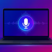 Illustration of a dark grey MacBook on a vibrant blue and purple gradient background, showing a glowing microphone icon with glitch effects on screen to represent Voice Control bugs.