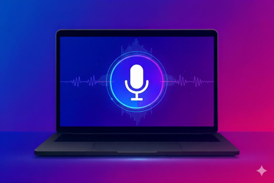 Illustration of a dark grey MacBook on a vibrant blue and purple gradient background, showing a glowing microphone icon with glitch effects on screen to represent Voice Control bugs.