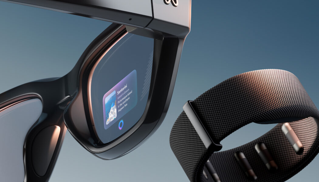 Meta Ray-Ban Display smart glasses and Neural Band wristband shown together, highlighting the new in-lens display and subtle gesture control features.